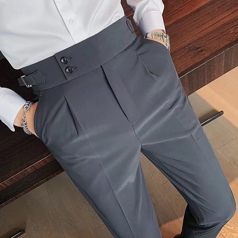 Men's Graduation Dress Pants Trousers Chinos Buttons Pocket Solid Color Comfort Formal Party Work Fashion Classic Style Black White Micro-elastic4