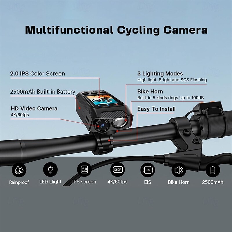 Multifunctional Cycling Camera Bicycle Camera Motorcycle Camera Rainproof 2.0 Inch IPS Color Screen WiFi Connection with LED Flashlight Bike Horn Build-in Battery for Outdoor Cycling 4K 60hz2