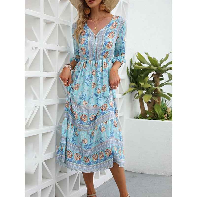 Women's Midi Dress Casual Dress Swing Dress A Line Dress Boho Dress Casual Daily Regular Fit Floral 3/4 Length Sleeve V Neck Pink Blue Apricot Summer Spring Fall4