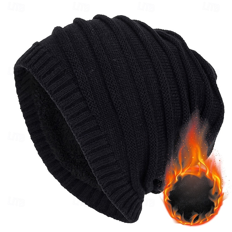 Men's Beanie Hat Winter Hats Cap Knit Cuffed Black Wine Acrylic Fibers Knitted Fleece Fashion Traditional / Classic Outdoor clothing Casual Daily Plain Warm