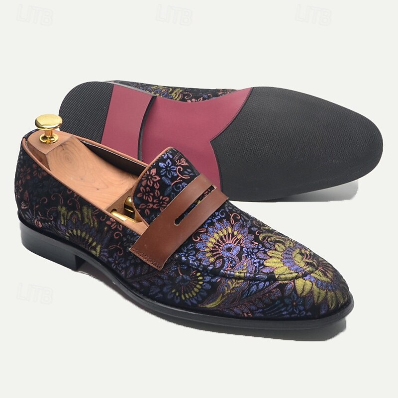 Floral Embroidered Men's Dress Loafers - Exotic Printed Leather Shoes with Contrasting Strap4