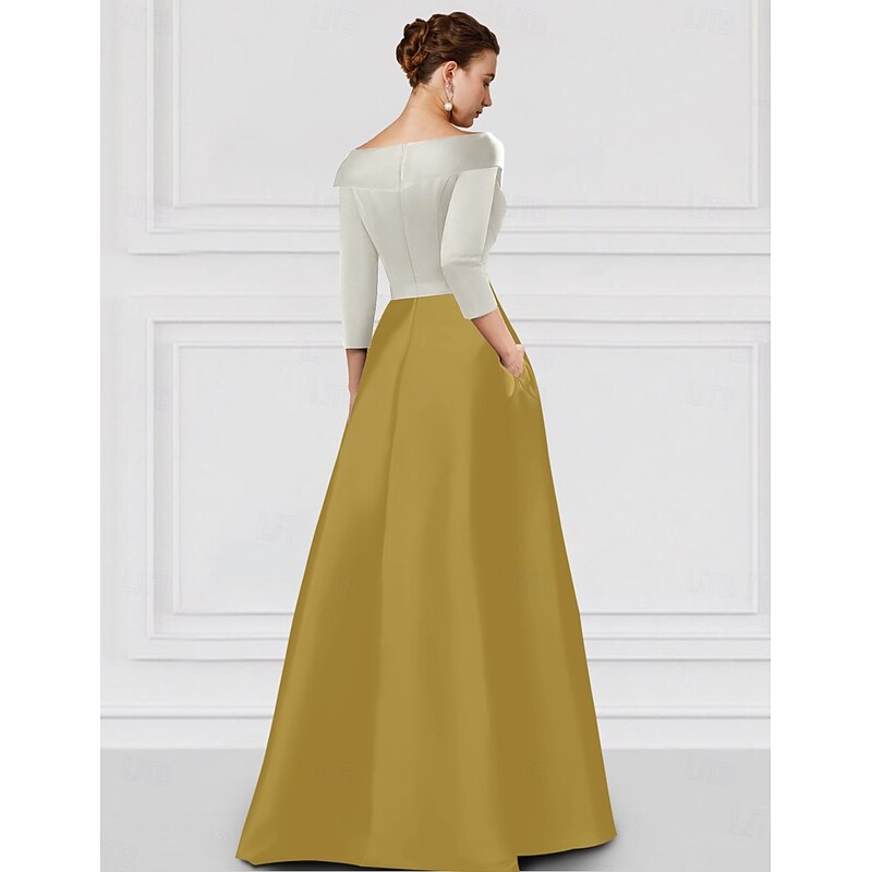 A-Line Evening Gown Elegant Dress Tuxedo Dress Formal Floor Length Half Sleeve Shirt CollarMother Of the Bride Dress Satin with Slit Embroidery Appliques2