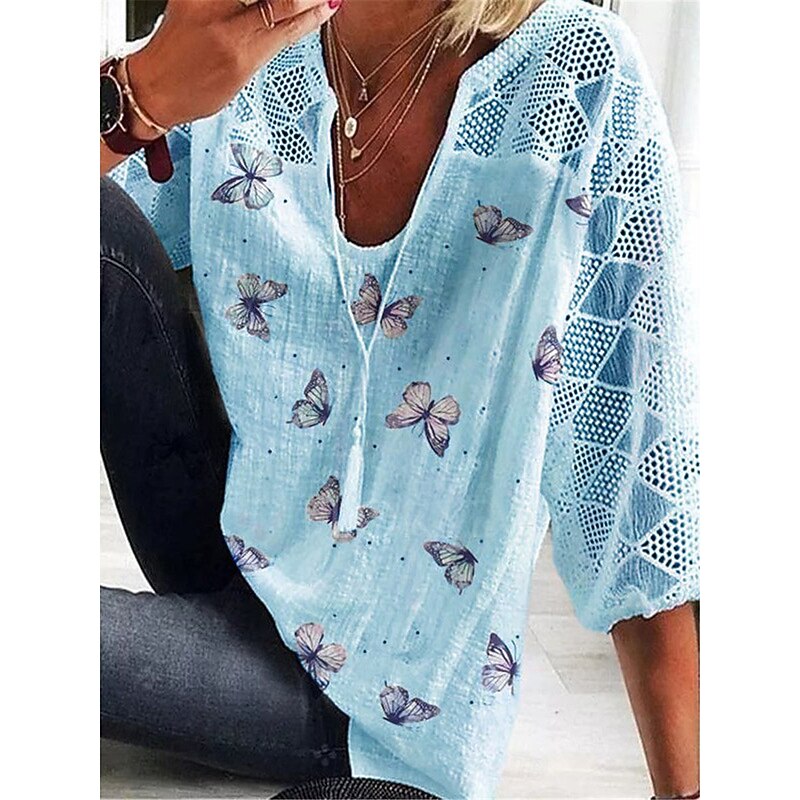 Women's Shirt Blouse Butterfly Daily Basic 3/4 Length Sleeve V Neck Regular Tops Daily Patchwork Print White Yellow Blue Summer Spring2
