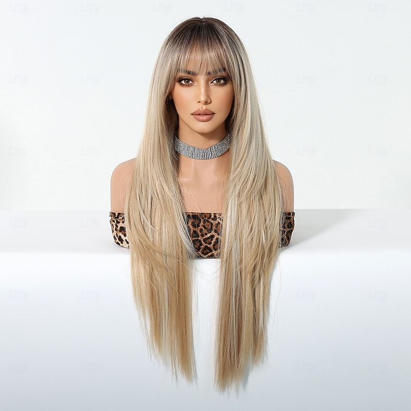 Synthetic Wig Uniforms Career Costumes Princess Straight kinky Straight Middle Part Layered Haircut With Bangs Machine Made Wig 28 inch Light Brown Synthetic Hair Women's Cosplay Party Fashion Light2