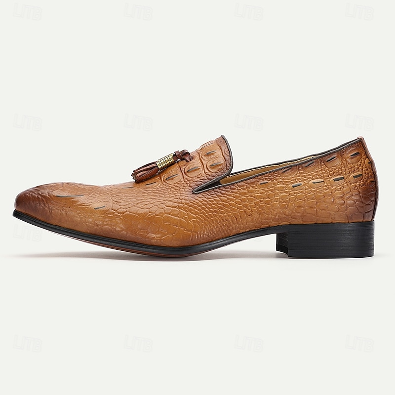 Men's Tan Crocodile Embossed Leather Loafers with Tassel Detail – Premium Cowhide Formal & Casual Dress Shoes4