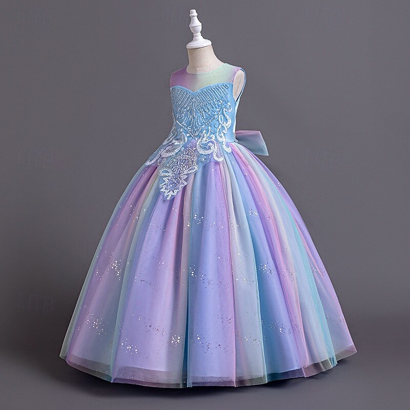 Flower Girl Dress Kid's Girls' Princess Dress Performance Wedding Party Elegant Beautiful Sequins Mesh Rainbow Sleeveless Crew Neck Pink Blue 4 years+3