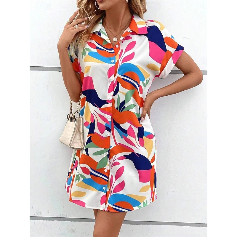 Women's Floral Leaf Shirt Collar Mini Dress Short Sleeve Summer Spring3