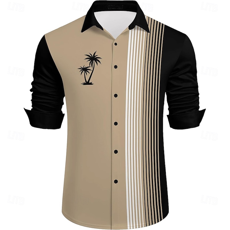 Men's Coconut Tree Bowling Shirt Button Up Shirt Long Sleeve Hawaiian Casual Outdoor Vacation Spring Fall Turndown Button Up Khaki