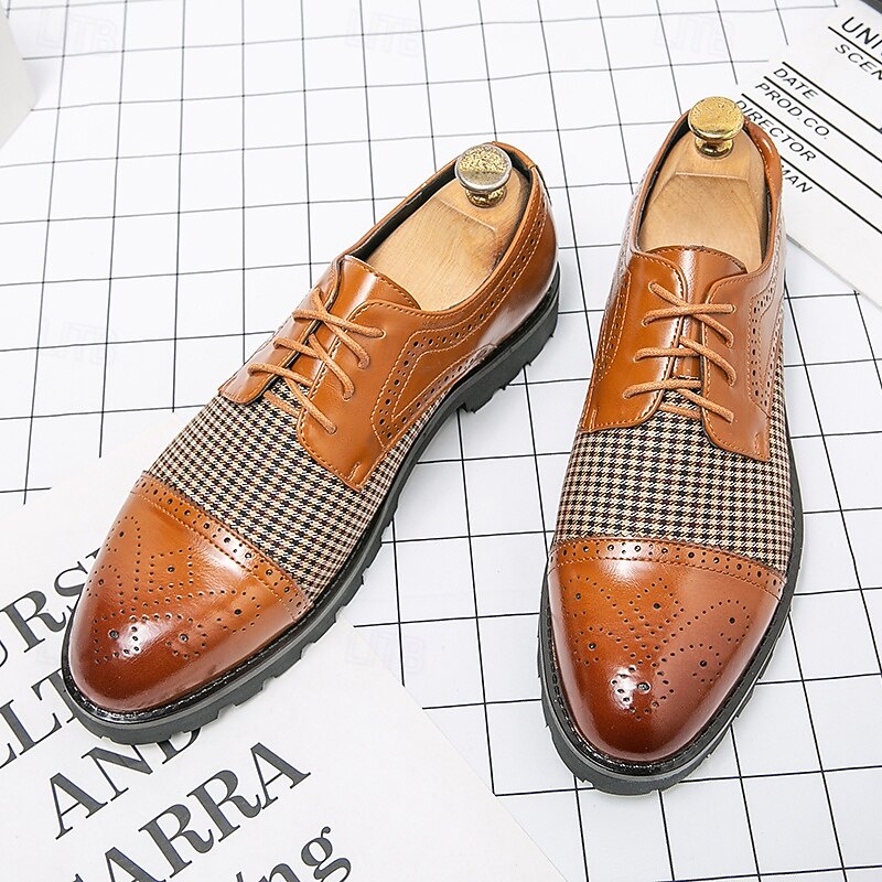 Men's Houndstooth Oxford Shoes - Brown Faux Leather Lace-Up with Brogue Detailing and Rugged Sole for Casual and Formal Wear3