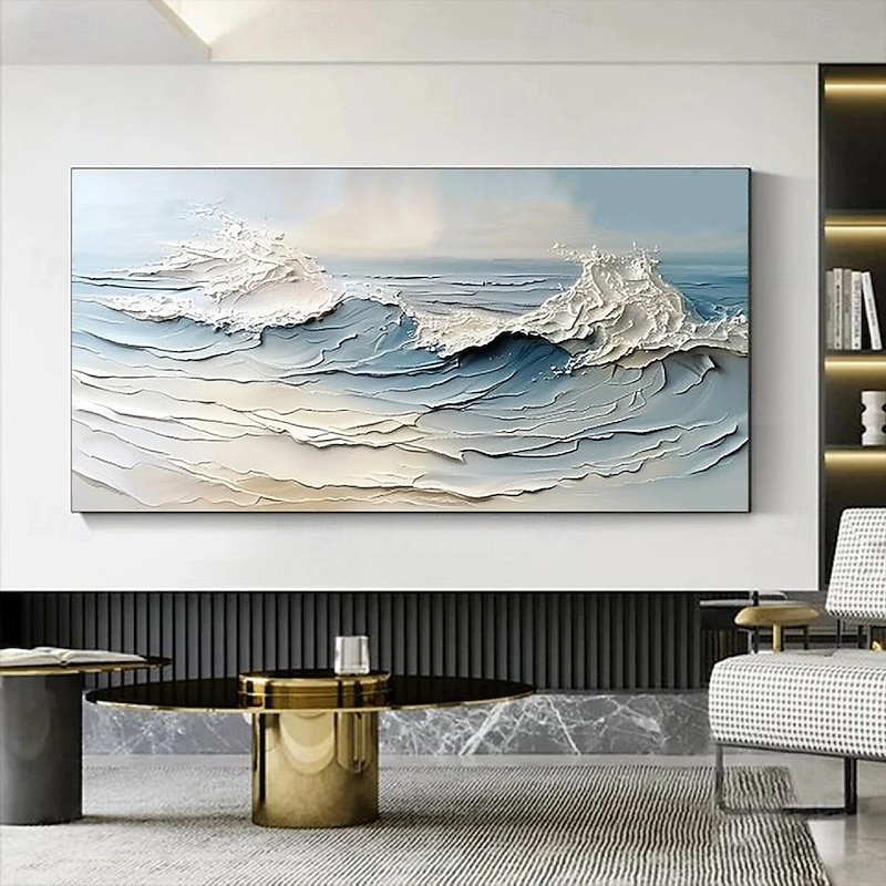 Blue Ocean Oil Painting handmade Contemporary Indigo Painting Abstract Sunrise Ocean Oil Painting on Canvas Large Custom Modern Textured Coastal Landscape Painting Living Room Home Wall Decor