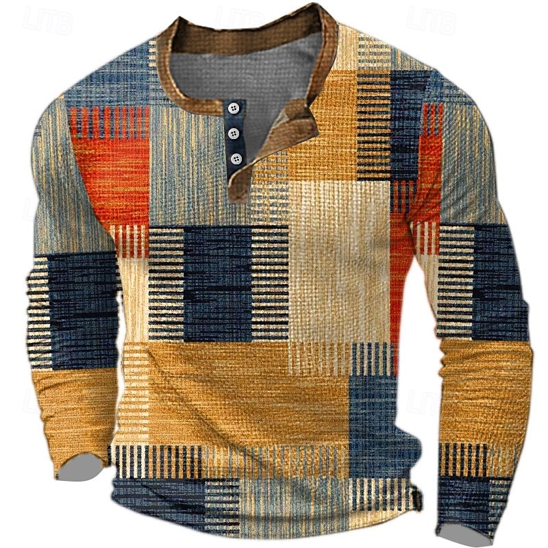 Men's Graphic Color Block Waffle Henley Shirt Casual Style Classic Style Long Sleeve 3D Print Fashion Designer Basic Outdoor Daily Spring &  Fall Blue Brown Green Gray Henley Henley T-Shirt
