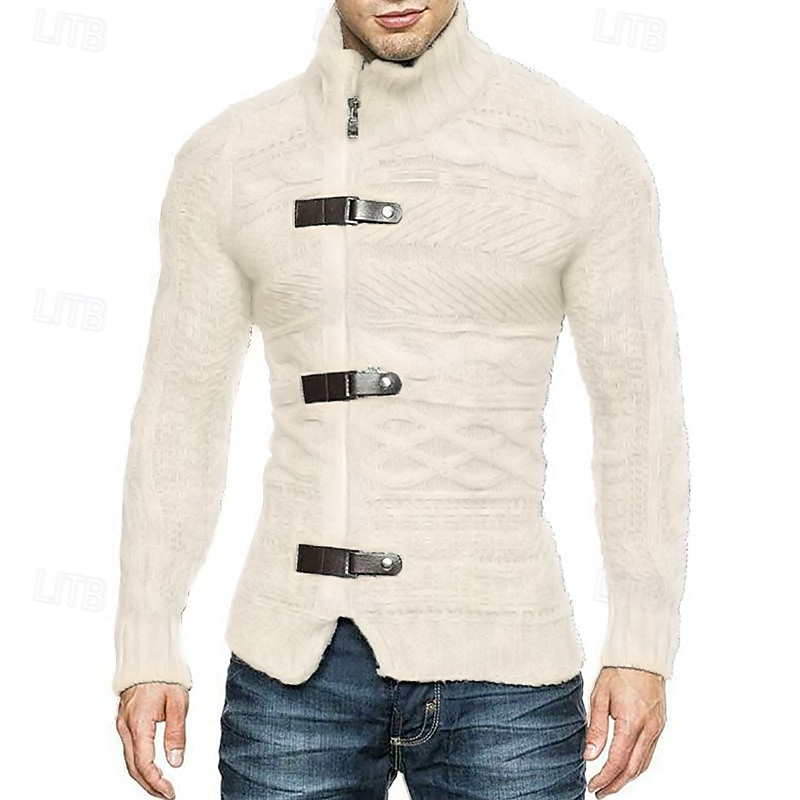 Men's Cardigan Sweater Cropped  Sweater Zip Sweater Knit Sweater Ribbed Knit Regular Plain Stand Collar Fashion Classic Daily Wear Date Clothing Apparel Fall & Winter Black White S M L4