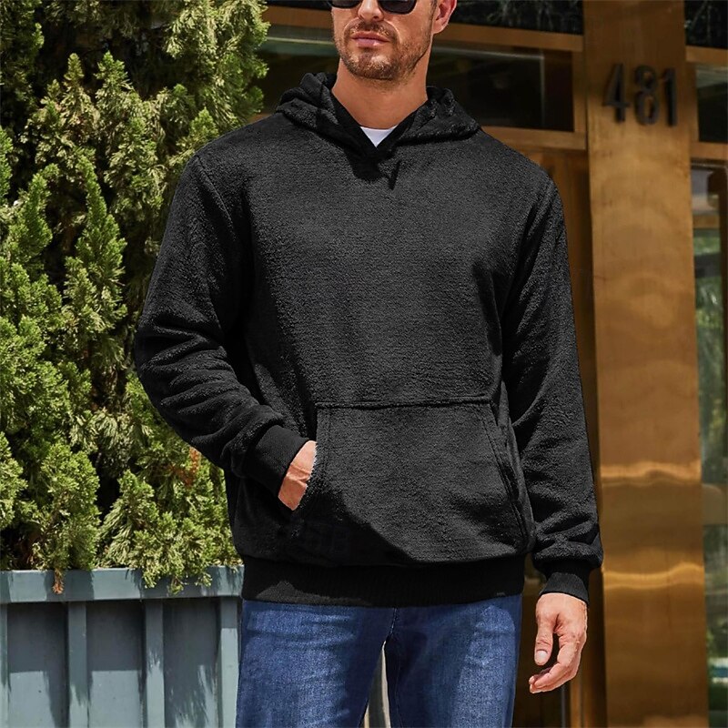 Men's Hoodie Fuzzy Sherpa Black Blue Brown Khaki Gray Hooded Plain Pocket Sports & Outdoor Daily Holiday Streetwear Cool Casual Spring &  Fall Clothing Apparel Hoodies Sweatshirts