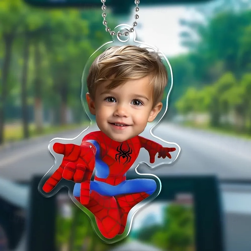 Personalized Photo Hanging Ornaments Custom Spider Superhero Kid Face Acrylic 2D Christmas Tree Ornaments Hanging Car Pendant Gifts for Superhero Fans