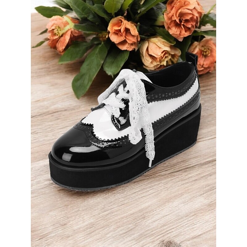 Women's Black and White Platform Brogue Oxfords – Vintage Patent Leather Lace-Up Shoes with Thick Sole4