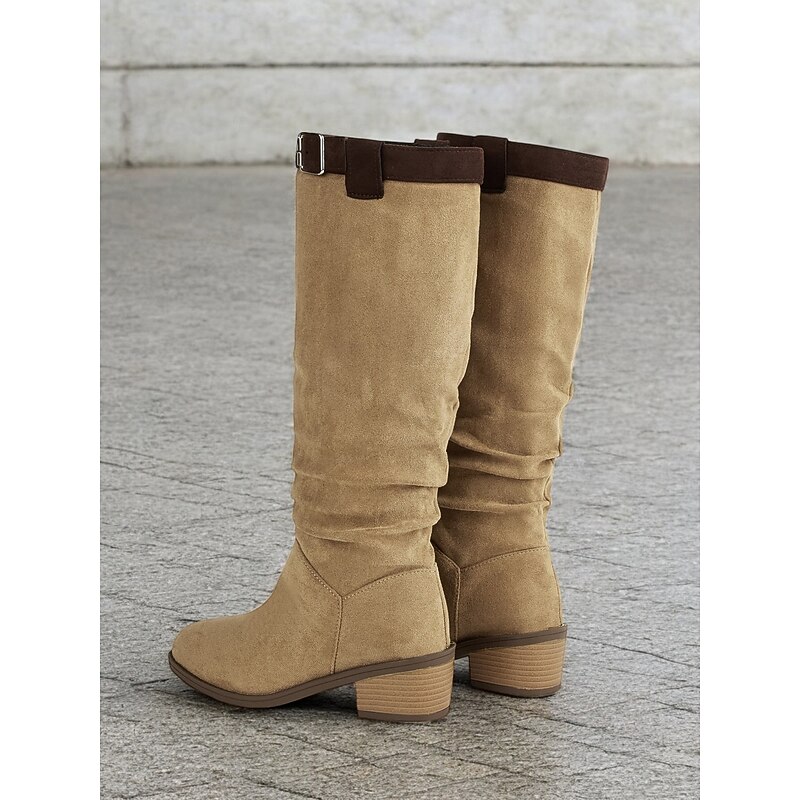 Women's Faux Suede Knee-High Boots with Buckle Detail, Western Style, Casual Fall and Winter Footwear for Everyday Wear3