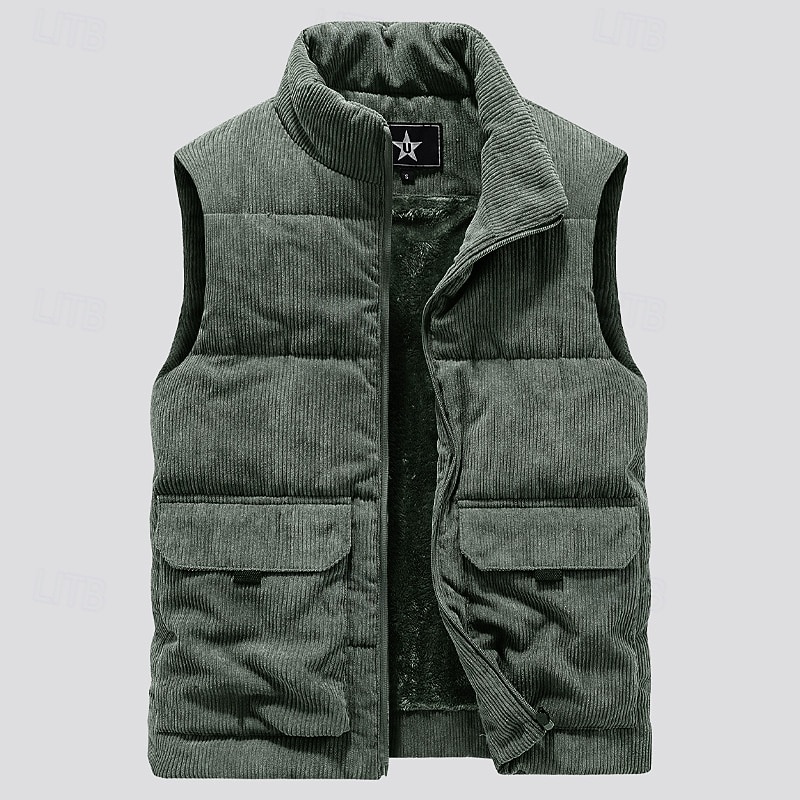 Men's Corduroy Fleece Vest Outdoor Vest Gilet Punk Active Fall Winter Polyester Solid Color Turtleneck Black Light Brown Army Green Vest3