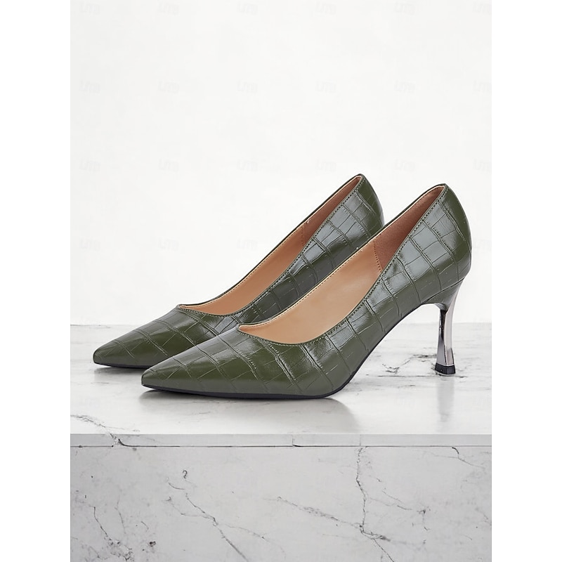 Women's Green Crocodile Embossed Faux Leather Pumps with Stiletto Heel and Pointed Toe - Elegant and Versatile for Work or Night Out2