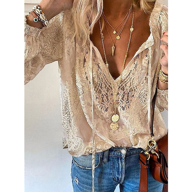 Women's Shirt Boho Shirt Blouse Solid Color Basic Casual Long Sleeve V Neck Regular Tops Daily Lace Patchwork White Pink Khaki Fall Winter3