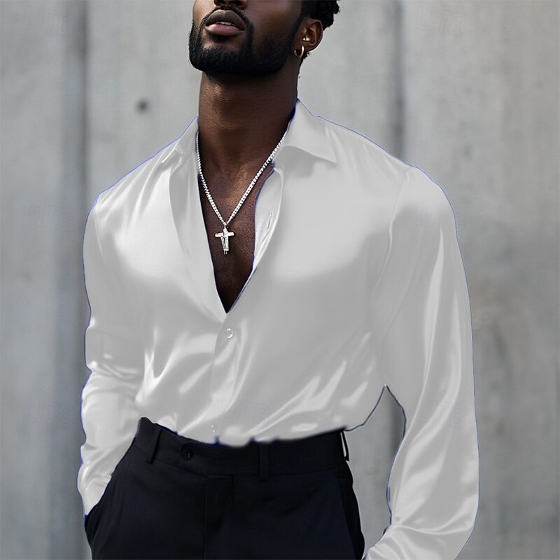 Men's Shirt Satin Shirt Casual Shirt Button Up Shirt Plain Wedding Vacation Black White Wine Blue Long Sleeve Lapel Spring &  Fall Clothing Apparel Buttons3