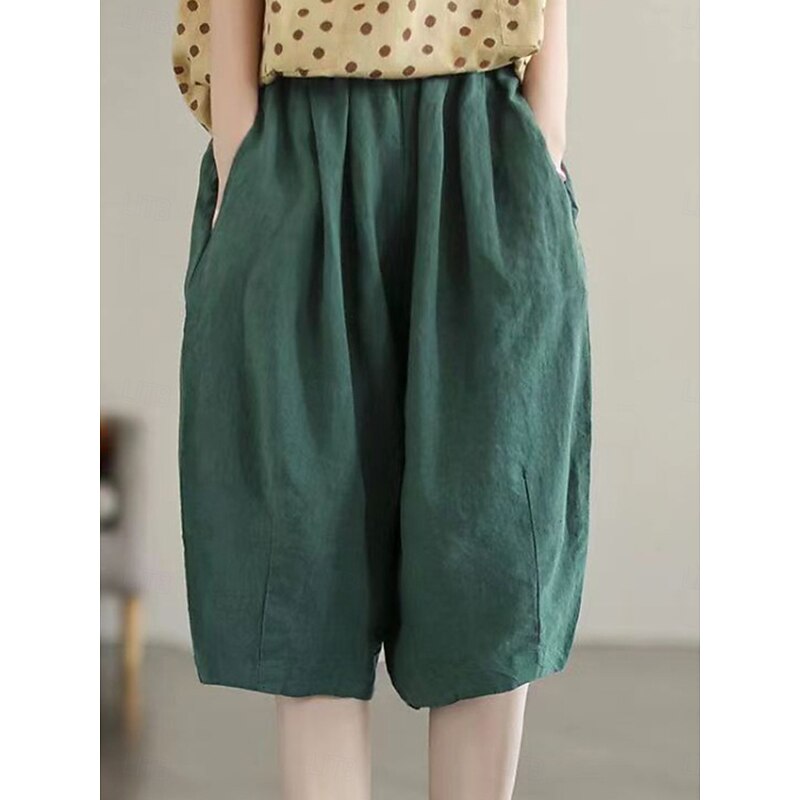 Women's Baggy Shorts Knee Length Solid Color Deep Green Apricot Khaki Summer4