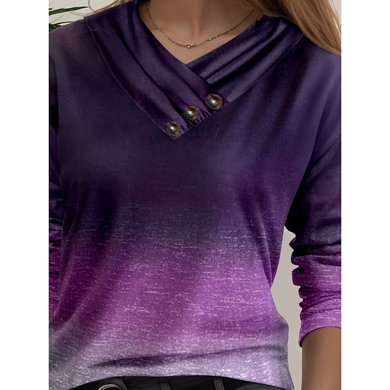 Women's Tunic T Shirt Ombre Stylish Casual Long Sleeve V Neck Regular Tops Daily Buttons Print Purple Spring Fall2
