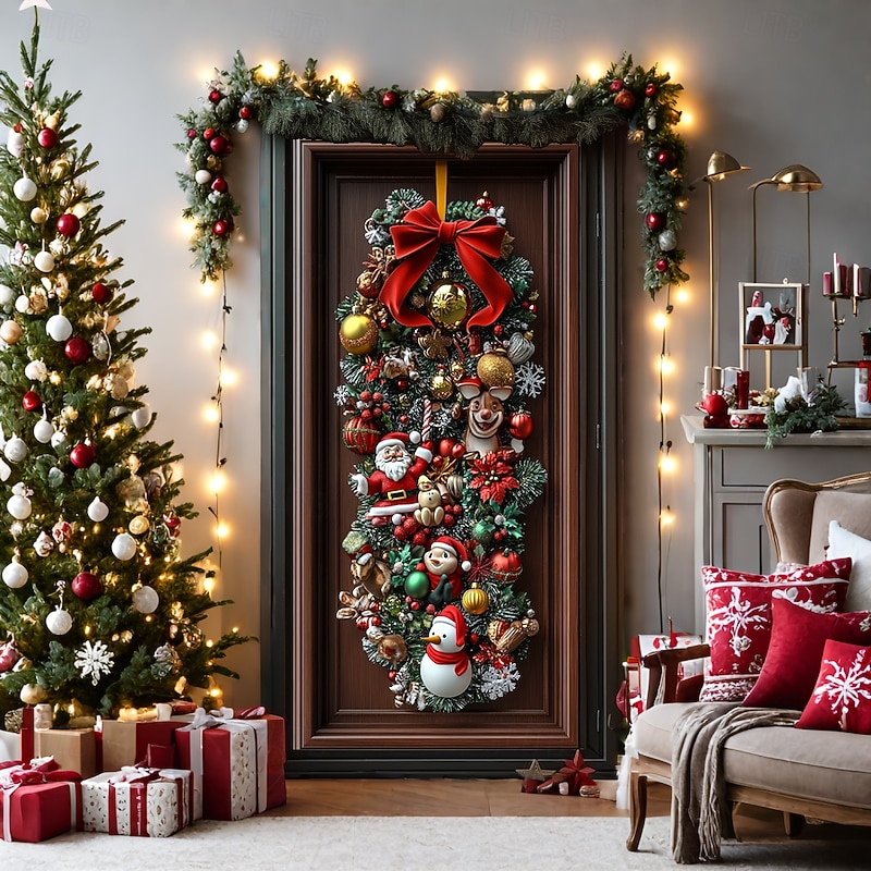 Christmas Door Decorations Door Covers Wreath Xmas Santa Snowman Reindeer Door Tapestry Door Curtain Decoration Backdrop Indoor/Outdoor Door Banner for Front Door Farmhouse
