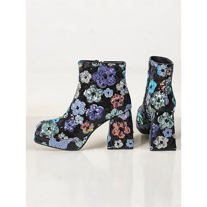 Women's Sequin Floral Ankle Boots – Glittering Platform Block Heels for Parties and Events