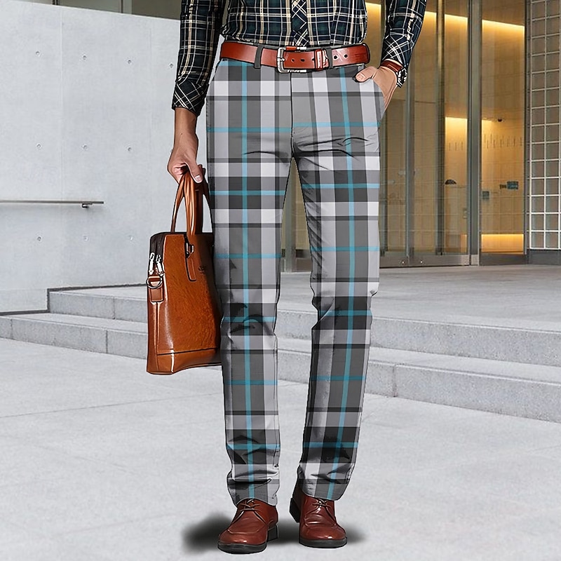 Men's Geometric Color Block Plaid / Check Dress Pants Mid Waist Business Casual Formal Home Dailywear Zipper Pocket Summer Spring Fall 3D Print Red Yellow Blue2