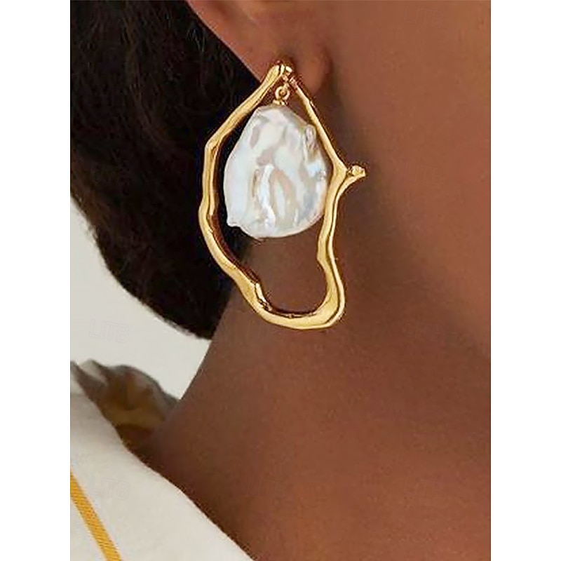 Women's Abstract Gold Drop Earrings with Imitation Pearl Accent - Unique Statement Jewelry for Elegant and Casual Occasions