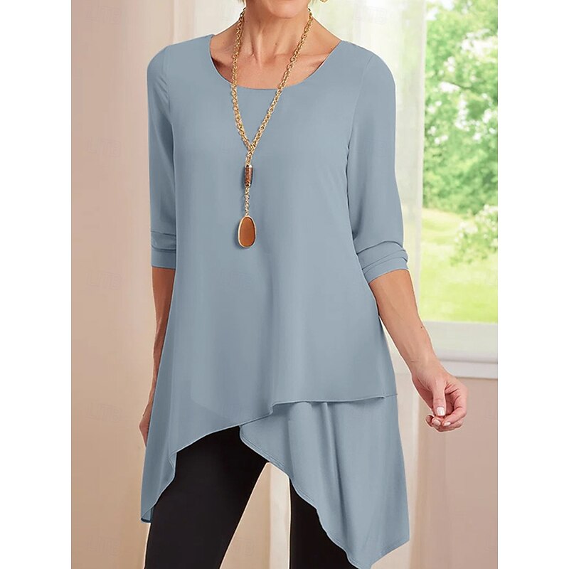 Women's Tunic Long Sleeve Crew Neck Red Blue Khaki Spring Fall2