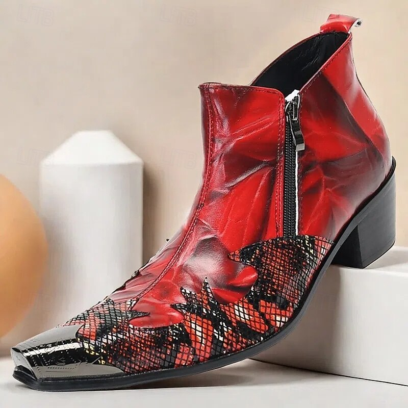 Men's Red Snake Pattern Ankle Boots with Zipper and Metal Toe – Premium Cowhide Leather Fashion Boots for Bold Style 9