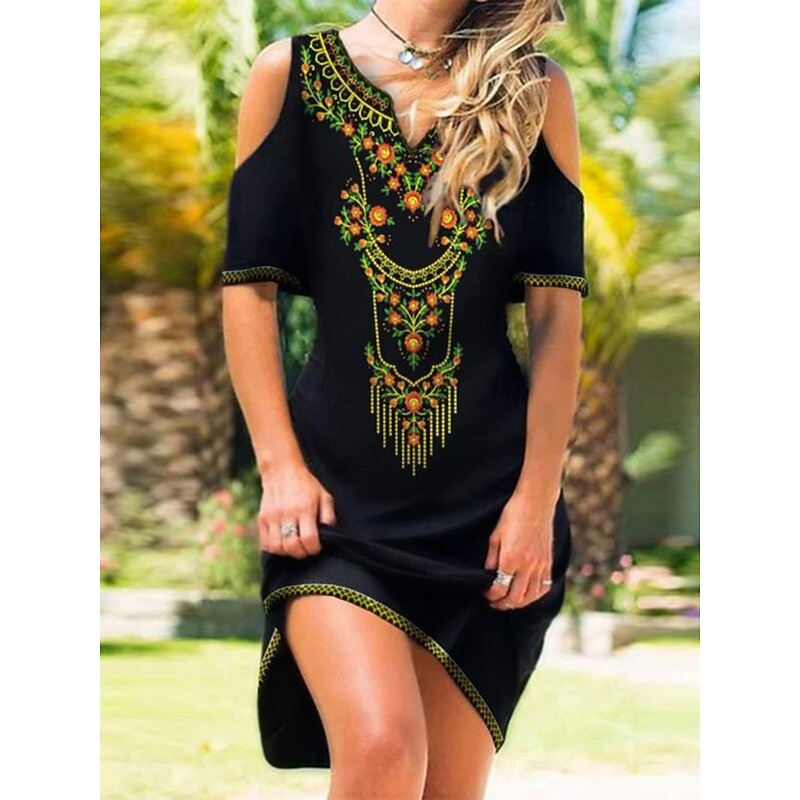Women's Mini Dress Petite Dress Casual Dress Boho Dress Vintage Ethnic Casual Daily Regular Fit Floral Butterfly Short Sleeve Notched Neck Black White Blue Summer Spring Fall