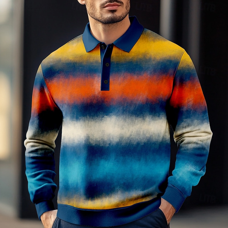 Men's Striped Rugby Polo Shirts Long Sleeve Polo Shirts Collared Shirts Casual Outdoor Home Dailywear Buttons 3D Print Spring Fall Winter Blue