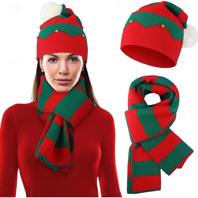 Santa Claus Elf Gloves Christmas Gift Knitted Hats Scarf Set Men's Women's Novelty Funny Knitted Pattern Christmas Christmas Eve Gloves Scarf Hat2