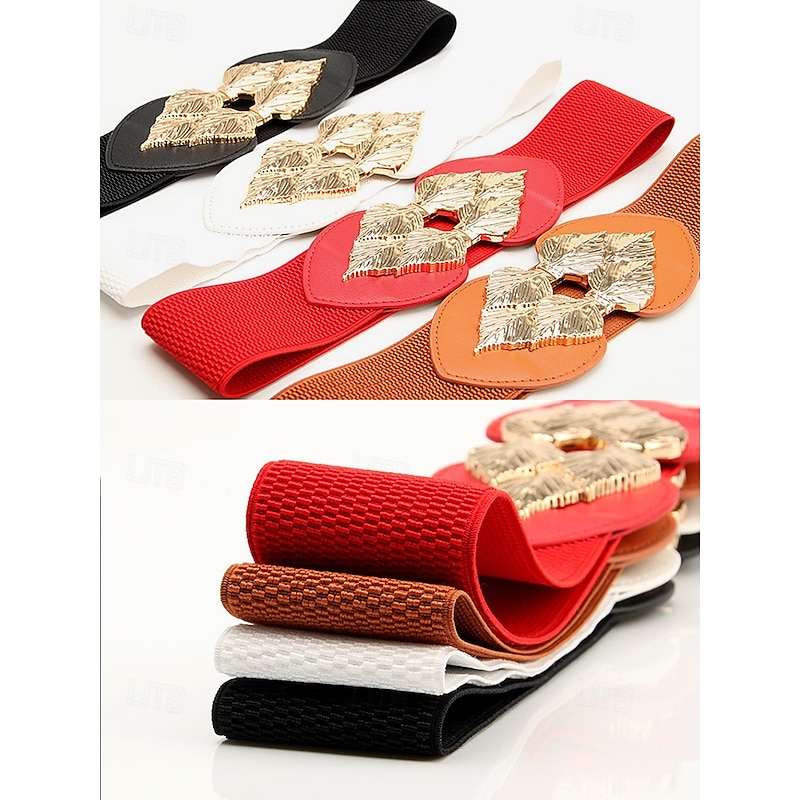 Women's Chic Black Elastic Waist Belt with Gold Leaf Buckle – Stylish Accessory for Dresses and Formal Outfits4