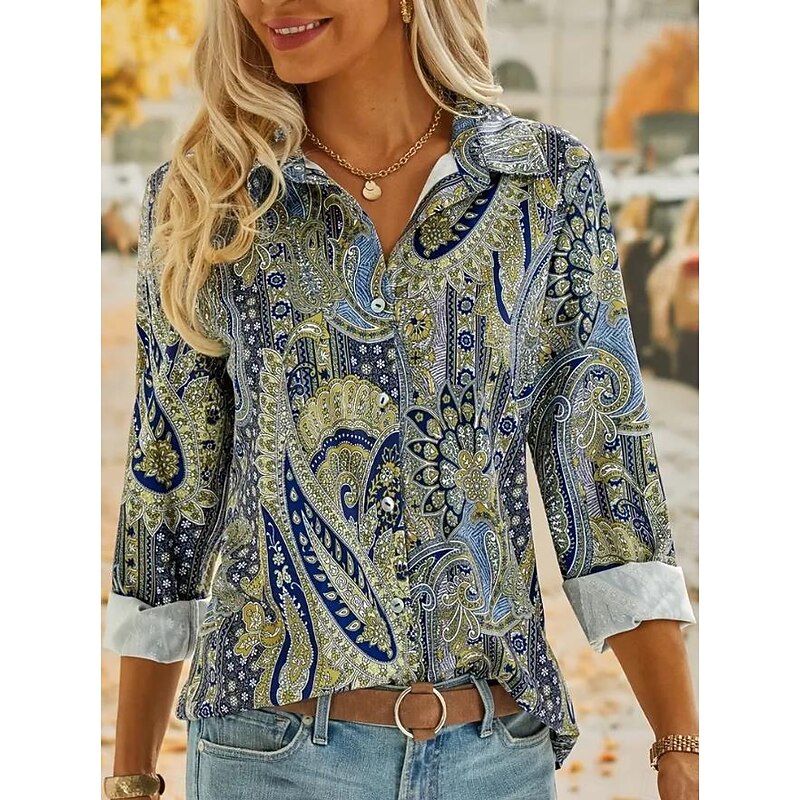 Women's Shirt Button Down Tunic Shirt Collar Long Sleeve Graphic Casual Regular Tops Work Daily s Print Green Spring Fall Winter3
