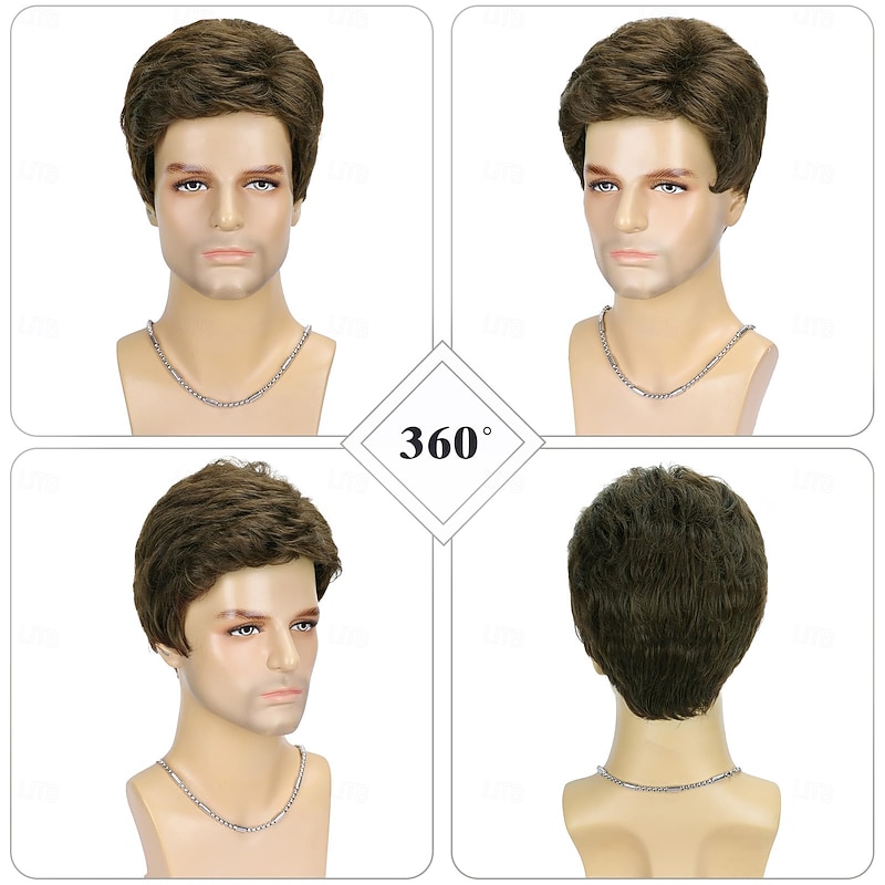 Mens Short Brown Wig for Men Natural Layered Fluffy Wig Daily Halloween Synthetic Realistic Hair Male Guys Wigs3