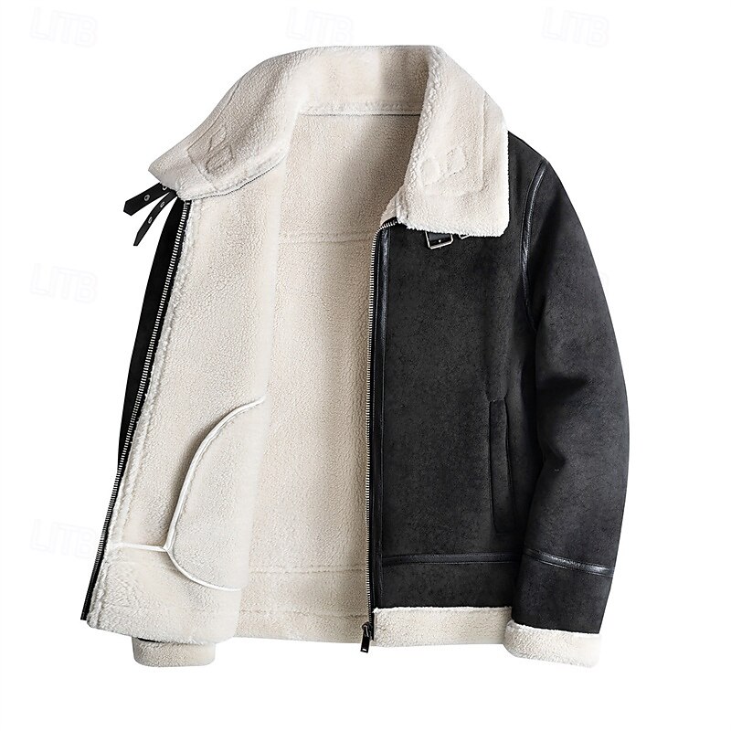 Men's Faux Leather Jacket Fleece Jacket Biker Jacket Motorcycle Jacket Daily Vacation Windproof Warm Pocket Fall & Winter Plain Fashion Classic Lapel Regular Black Beige Coffee Jacket4