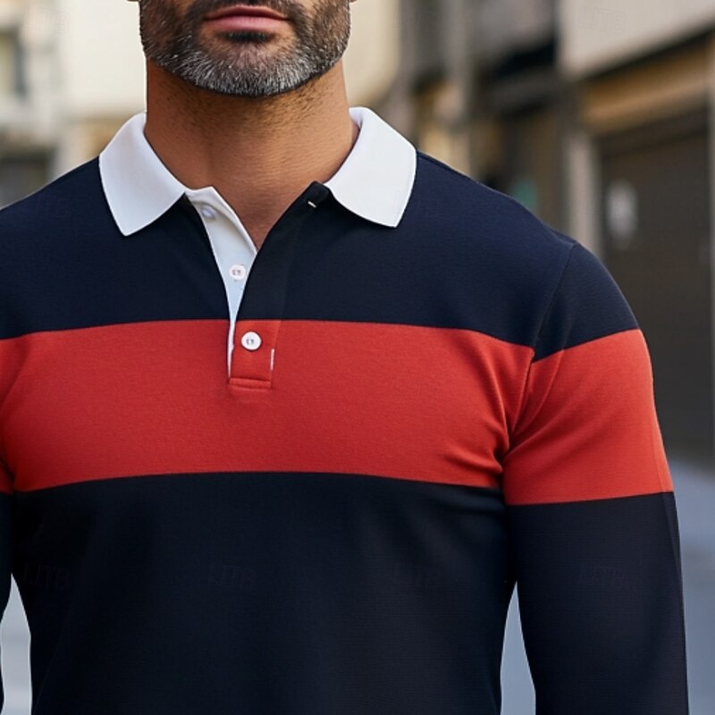 Men's Color Block Stripes Rugby Polo Shirts Long Sleeve Polo Shirts Lapel Classic Fashion 3D Print Modern Business Casual Sports Stripe Fall Winter Navy Blue2