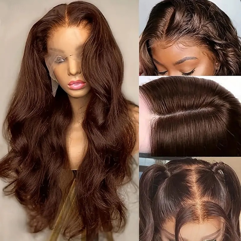 Ishow Hair Chocolate Brown front lace Live wig Women's Body Wave  Transparent 360 full lace front wig 12-28inch