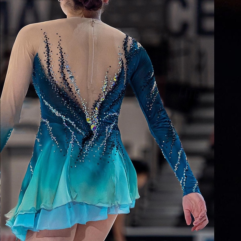 Figure Skating Dress Women's Girls' Ice Skating Dress Blue and Navy Patchwork Thumbhole Mesh Spandex Stretchy Training Practice Professional Skating Wear Thermal Warm Crystal / Rhinestone Long Sleeve2