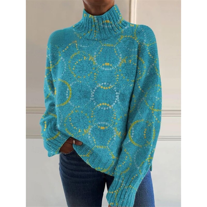 Women's Sweater Casual Soft Floral Ribbed Turtleneck Knitted Long Sleeve Regular Tops Knit Outdoor Daily Weekend Yellow Blue Fall Winter - Main Image