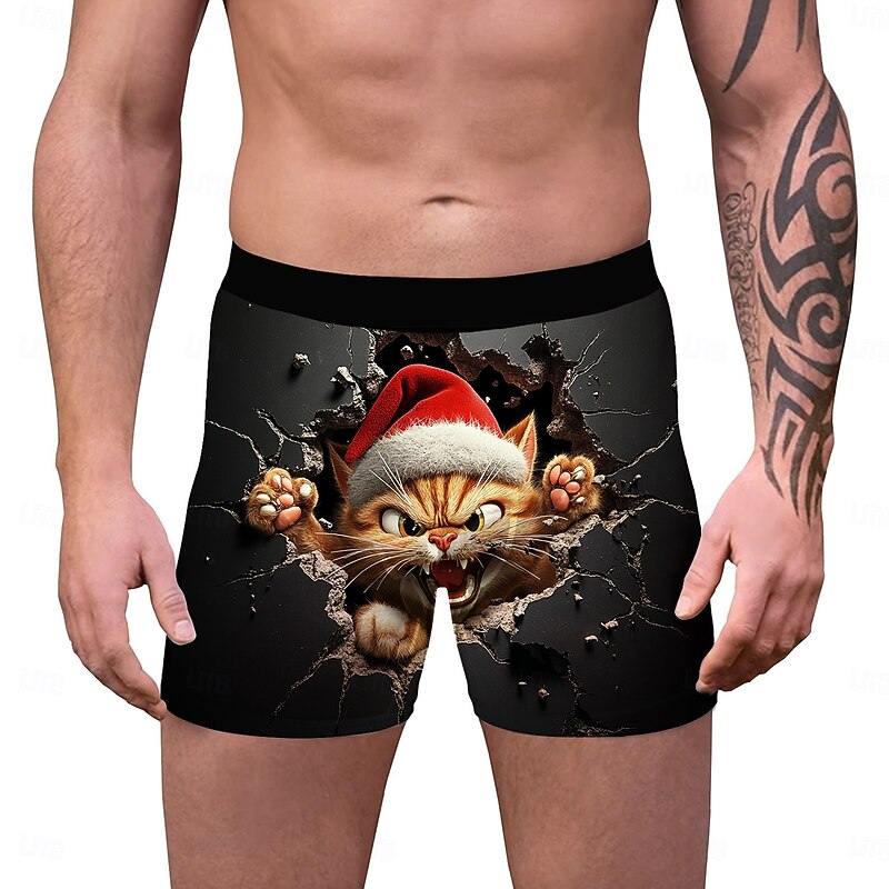 Cat Christmas Trees Christmas Pajamas Boxer Briefs Underwear Christmas Gift Men's Funny Christmas Pattern Adults Christmas New Year Christmas Eve Christmas Party