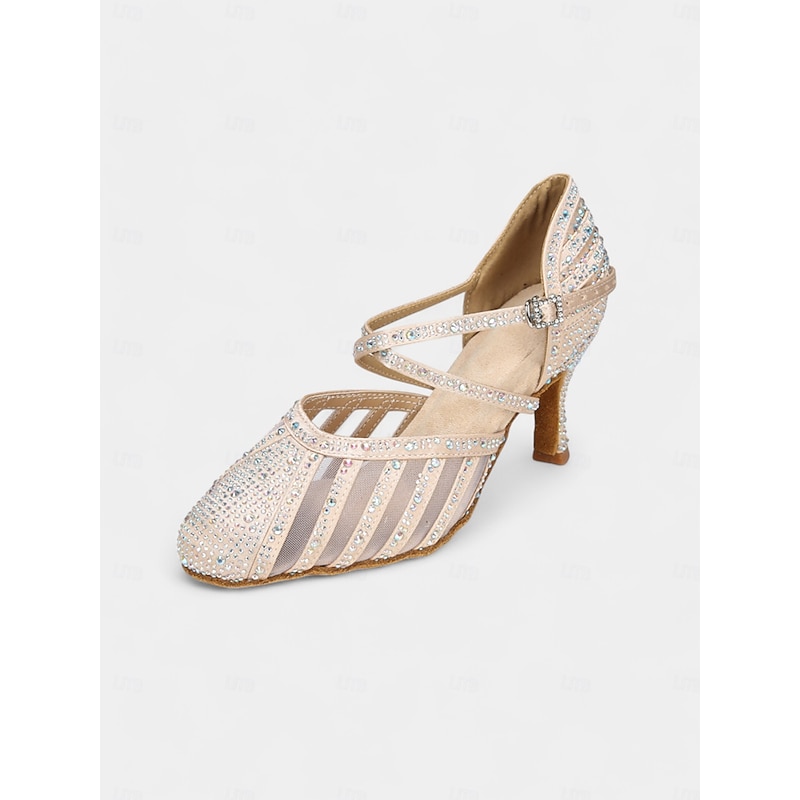 Women's Rhinestone Latin Dance Shoes with Soft Suede Sole – Mesh and Suede Strappy Ballroom Heels for Salsa and Tango4