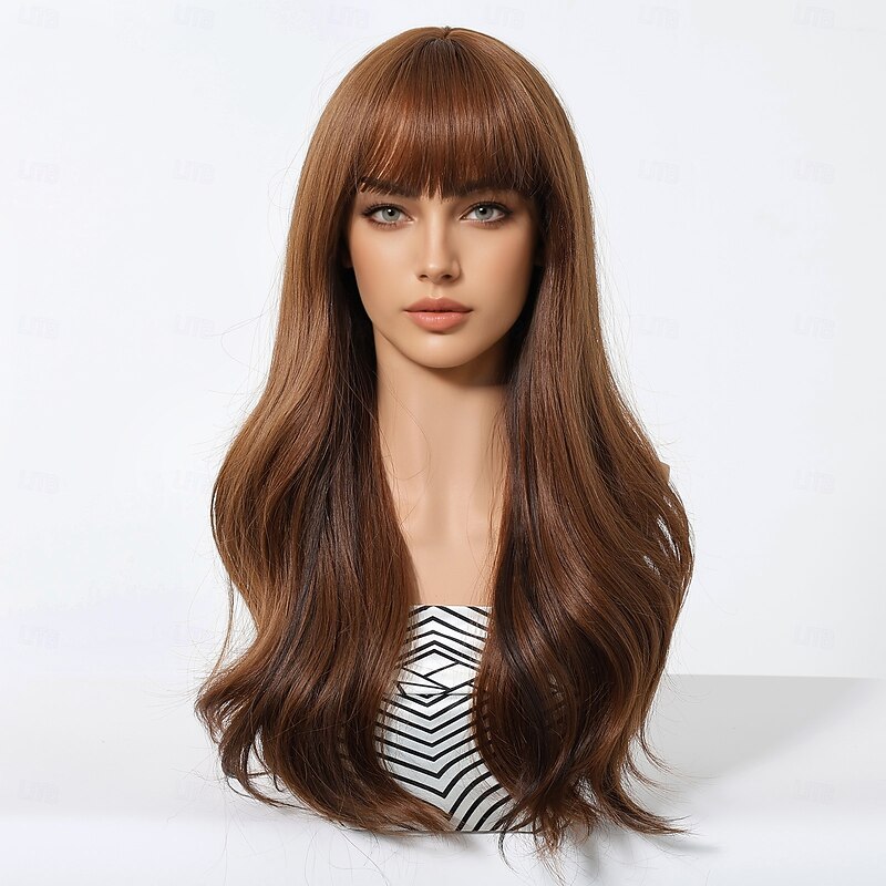 Synthetic Wig Uniforms Career Costumes Princess Body Wave Layered Haircut Neat Bang Machine Made Wig 24 inch Dark Brown Synthetic Hair Women's Cosplay Party Fashion Dark Brown2