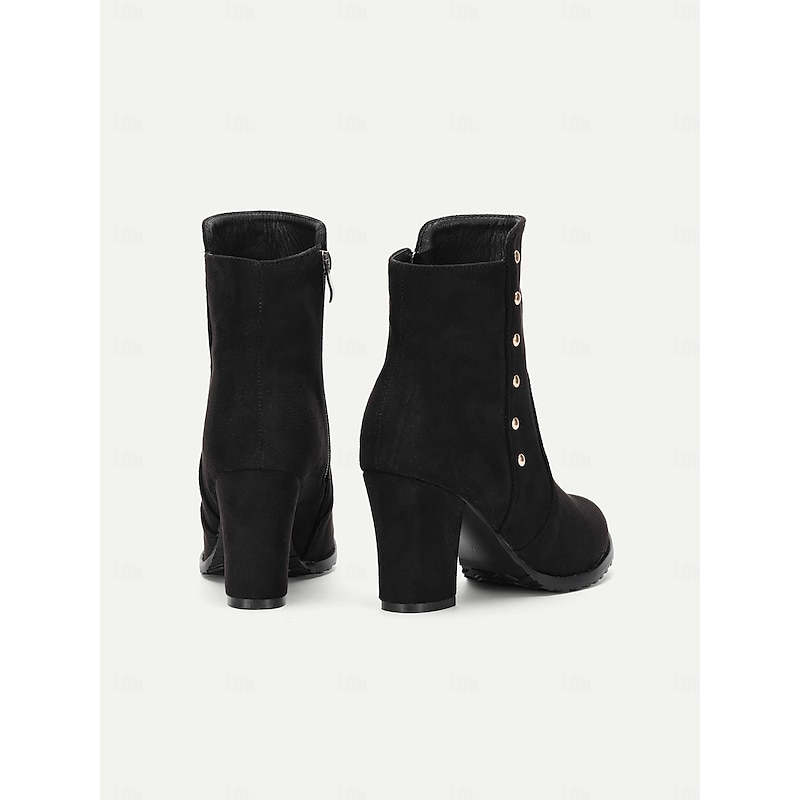 Women's Black Suede Ankle Boots with Faux Fur Lining and Gold Button Accents – Stylish Block Heel Boots for Winter Wear 5