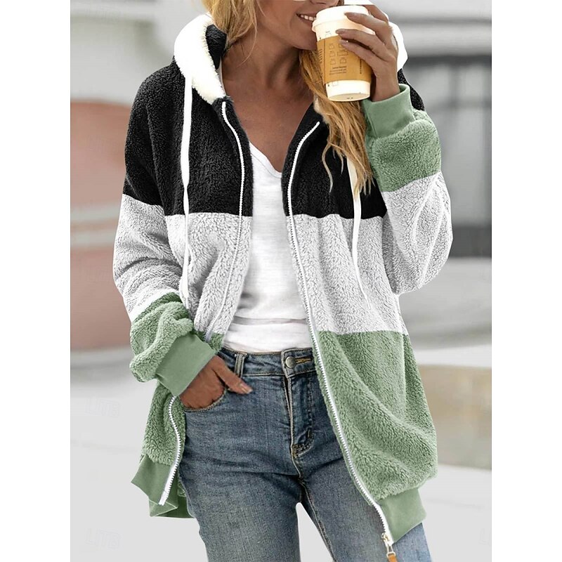 Women's Winter Coat Winter Jacket Fleece Jacket Teddy Coat Outdoor Street Daily Fall Winter Regular Coat Regular Fit Warm Breathable Comtemporary Stylish Jacket Long Sleeve Stripe with Pockets Full