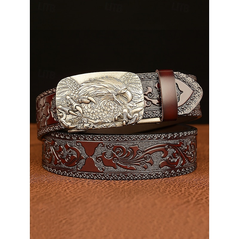 Men's Vintage Leather Belt with Eagle Embossed Buckle – Western Style Adjustable Belt for Casual and Formal Wear