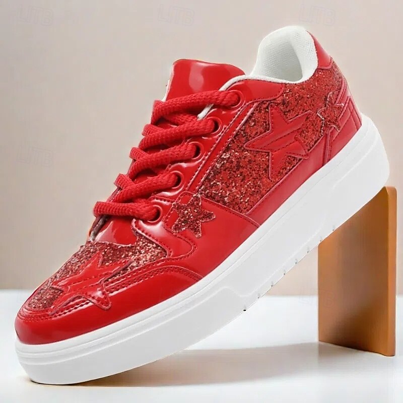 Women's Red Glitter Star Sneakers - Stylish Patent Faux Leather Design with Comfortable White Sole for Casual and Party Wear